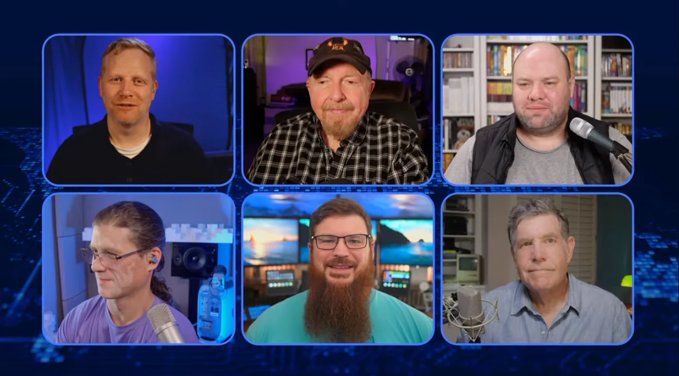 A six-participant gallery composed in OBS from individual CoreVideo sources, each guest in their own rounded, bordered tile on a branded background