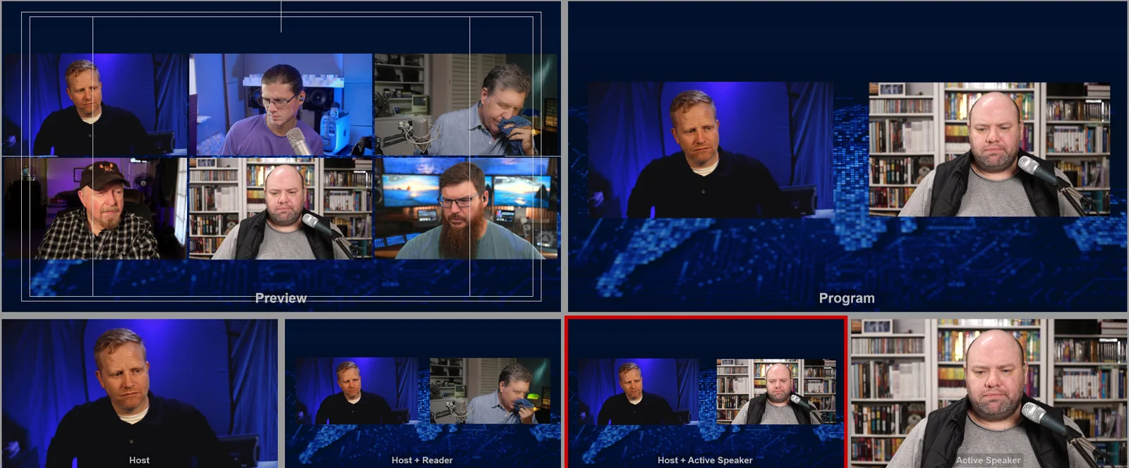 OBS Studio multiview: preview and program above four scenes built from individual Zoom participant sources - the host alone, the host with a reader, the host with the active speaker, and the active speaker full frame