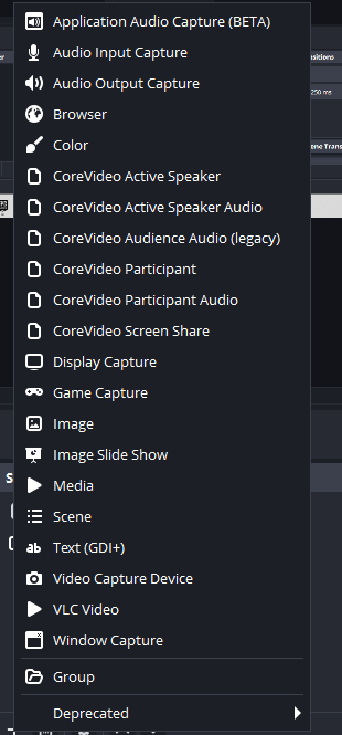 CoreVideo source types in the OBS Add-Source menu.